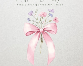 Watercolor Pink Bow Clipart, Single Image, Transparent PNG, Junk Journal, Instant Download, Invitation, Wildflower Bow PNG, Pink Coquette