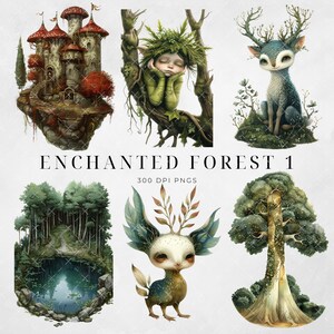 May include: A set of six digital illustrations featuring whimsical creatures and a magical forest setting. The illustrations include a floating castle, a sleeping forest creature, a deer-like creature, a forest clearing, a creature with large ears and a tree.