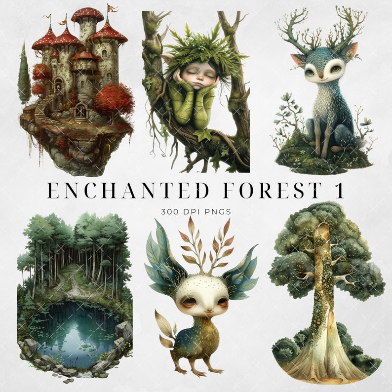 May include: A set of six digital illustrations featuring whimsical creatures and a magical forest setting. The illustrations include a floating castle, a sleeping forest creature, a deer-like creature, a forest clearing, a creature with large ears and a tree.