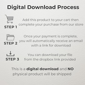 May include: A three-step guide for digital downloads. Step 1: Add to cart and complete purchase. Step 2: Receive an email with a download link. Step 3: Download from Dropbox link. This is a digital download and no physical product will be shipped.