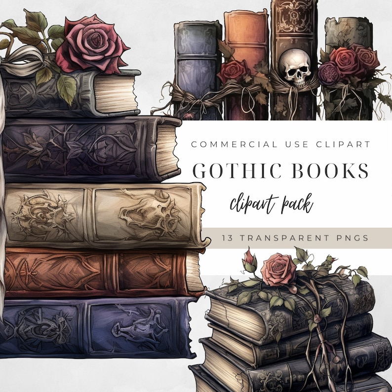 May include: A set of 13 digital clipart images of gothic style books with roses, skulls, and other decorative elements.  The text "COMMERCIAL USE CLIPART GOTHIC BOOKS clipart pack 13 TRANSPARENT PNGS" is visible in the image.