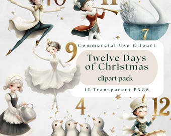 May include: Twelve Days of Christmas clipart pack with 12 transparent PNGs. The illustrations feature a variety of characters and objects, including a ballerina, a drummer boy, a swan, and a group of birds. The numbers 1 through 12 are also included in the clipart.