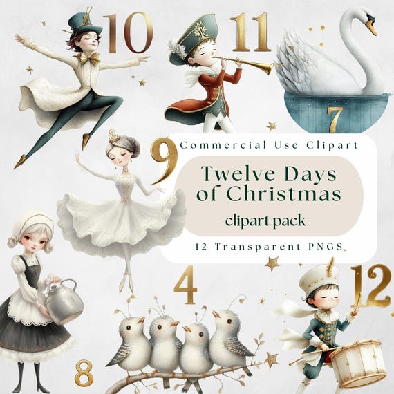 12 Days of Christmas Clipart, Transparent PNG, Whimsical Christmas, Christmas Card, Twelve Days of Christmas PNG, Christmas Carol Clipart