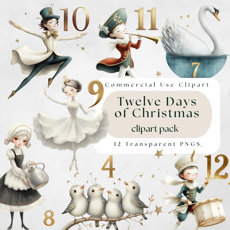 K&ouml;nnte beinhalten: Clipart-Paket mit zw&ouml;lf Tagen Weihnachten mit 12 transparenten PNGs. Die Illustrationen zeigen eine Vielzahl von Figuren und Objekten, darunter eine Ballerina, ein Tambourmajor, ein Schwan und eine Gruppe von V&ouml;geln. Die Zahlen 1 bis 12 sind ebenfalls im Clipart enthalten.