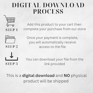 May include: A digital download process is illustrated in three steps. Step 1: Add to cart. Step 2: Payment complete. Step 3: Download file. This is a digital download and no physical product will be shipped.
