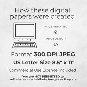 K&ouml;nnte beinhalten: Eine Schwarzwei&szlig;illustration eines Computers mit einem H&auml;kchen neben den W&ouml;rtern "AI GENERATED" und "PHOTOSHOP". Der Text darunter lautet "Format 300 DPI JPEG US Letter Size 8.5" x 11" Commercial Use Licence included You are NOT PERMITTED to sell, share or redistribute images as they are"