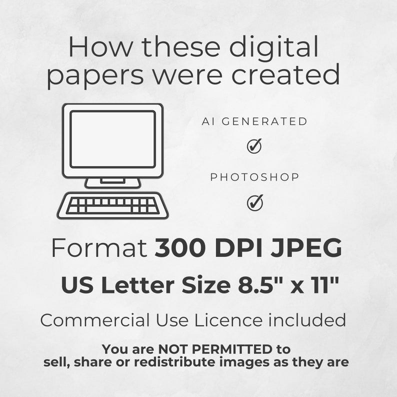 K&ouml;nnte beinhalten: Eine Schwarzwei&szlig;illustration eines Computers mit einem H&auml;kchen neben den W&ouml;rtern "AI GENERATED" und "PHOTOSHOP". Der Text darunter lautet "Format 300 DPI JPEG US Letter Size 8.5" x 11" Commercial Use Licence included You are NOT PERMITTED to sell, share or redistribute images as they are"
