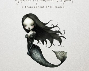 Gothic Mermaid Clipart, Dark Mermaid, Whimsical Mermaid, Watercolor Mermaid, Dark Ocean Clipart, Mermaid Fin, Digital Download, Mermaid PNG