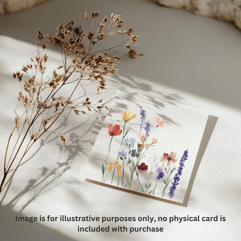 May include: A watercolor painting of a bouquet of wildflowers in shades of pink, red, yellow, and purple. The flowers are arranged in a loose, natural style, and the background is a soft white.