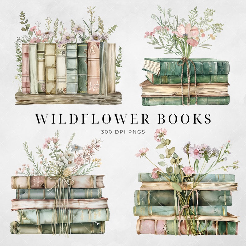 May include: Four stacks of vintage books with watercolour wildflowers on top. The books are in various shades of green, blue, and brown. The flowers are in shades of pink, white, and green.
