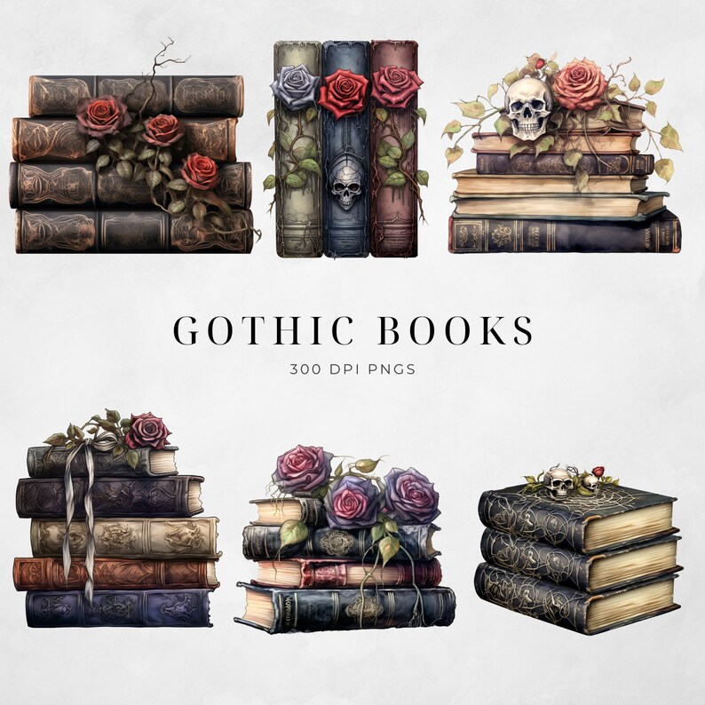 May include: A set of six digital illustrations of gothic style book stacks. Each stack features a different arrangement of books, with some stacks featuring roses, skulls, and spiderwebs. The text "Gothic Books 300 DPI PNGs" is displayed below the stacks.