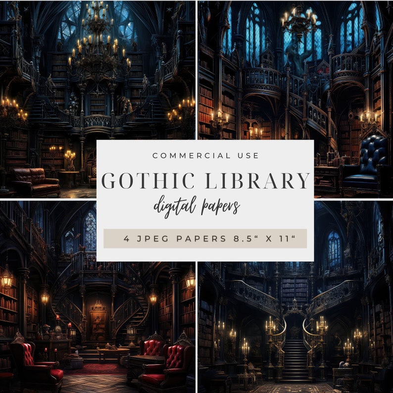 K&ouml;nnte beinhalten: Vier digitale Papiere mit einem dunklen, gotischen Bibliotheksinnenraum mit verzierten Details, darunter eine gro&szlig;e Treppe, B&uuml;cherregale und Kerzenlicht. Die Papiere sind 8,5 Zoll mal 11 Zoll gro&szlig;.