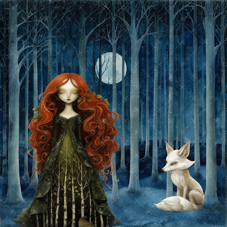 May include: A red-haired woman in a green dress stands in a dark forest with a white fox sitting on the ground. The moon is visible through the trees.