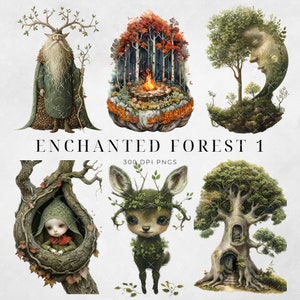 May include: A set of six digital illustrations featuring whimsical forest creatures and scenes. The illustrations include a forest spirit, a deer with a leafy crown, a tree with a door, a tree with a moon face, a campfire scene, and a girl in a tree.