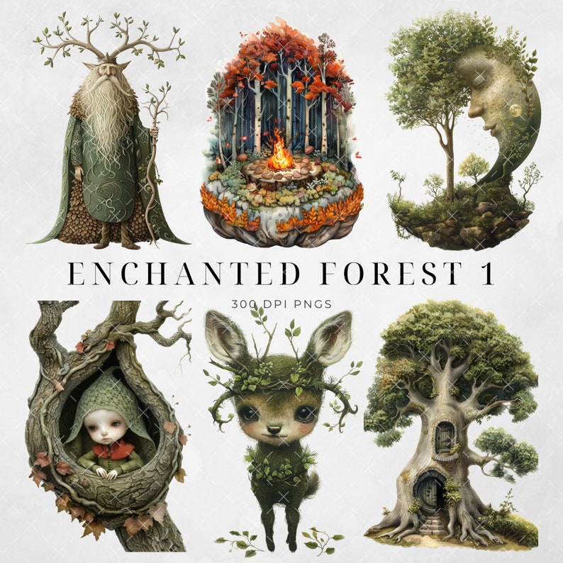 May include: A set of six digital illustrations featuring whimsical forest creatures and scenes. The illustrations include a forest spirit, a deer with a leafy crown, a tree with a door, a tree with a moon face, a campfire scene, and a girl in a tree.