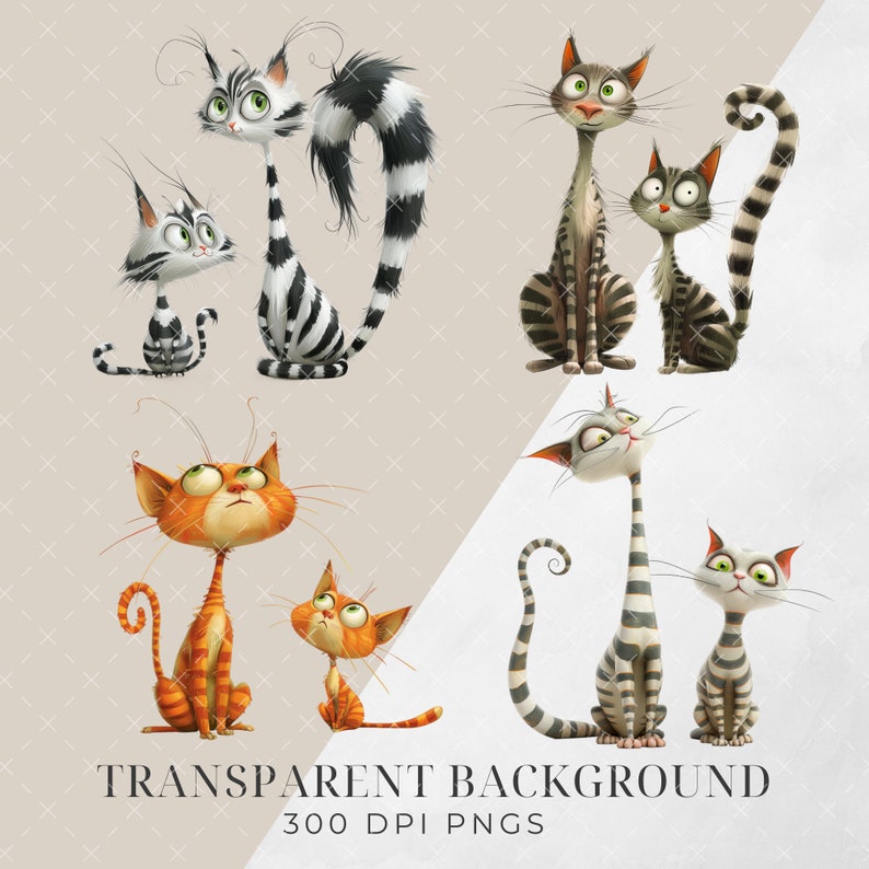 Pu&ograve; includere: Un'illustrazione digitale di otto gatti dei cartoni animati con vari motivi a strisce. I gatti sono in diverse pose, alcuni seduti, alcuni in piedi e alcuni che guardano in alto. Lo sfondo &egrave; trasparente.