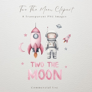 Clipart de dos lunas, acuarela espacial, clipart de luna, cumpleaños espacial, invitación de cumpleaños, descarga digital, clipart de astronauta, segundo cumpleaños