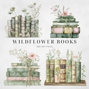 May include: Three stacks of vintage books with watercolour wildflowers and greenery. The books are in various shades of green, brown, and pink. The text "WILDFLOWER BOOKS 300 DPI PNGS" is at the bottom of the image.