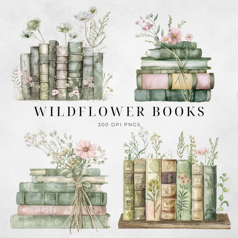 May include: Three stacks of vintage books with watercolour wildflowers and greenery. The books are in various shades of green, brown, and pink. The text "WILDFLOWER BOOKS 300 DPI PNGS" is at the bottom of the image.