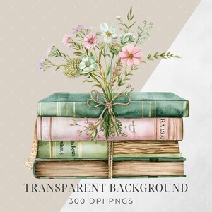 May include: A stack of four vintage books with a bouquet of pink, white and green flowers tied with twine on top. The books have titles such as "RAISIN" and "Adam's".