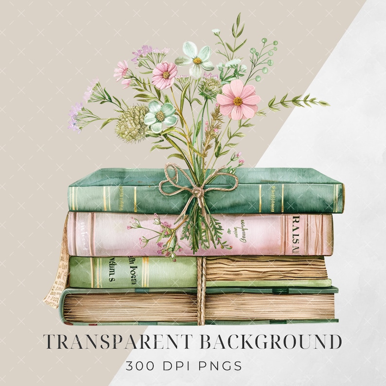 May include: A stack of four vintage books with a bouquet of pink, white and green flowers tied with twine on top. The books have titles such as "RAISIN" and "Adam's".