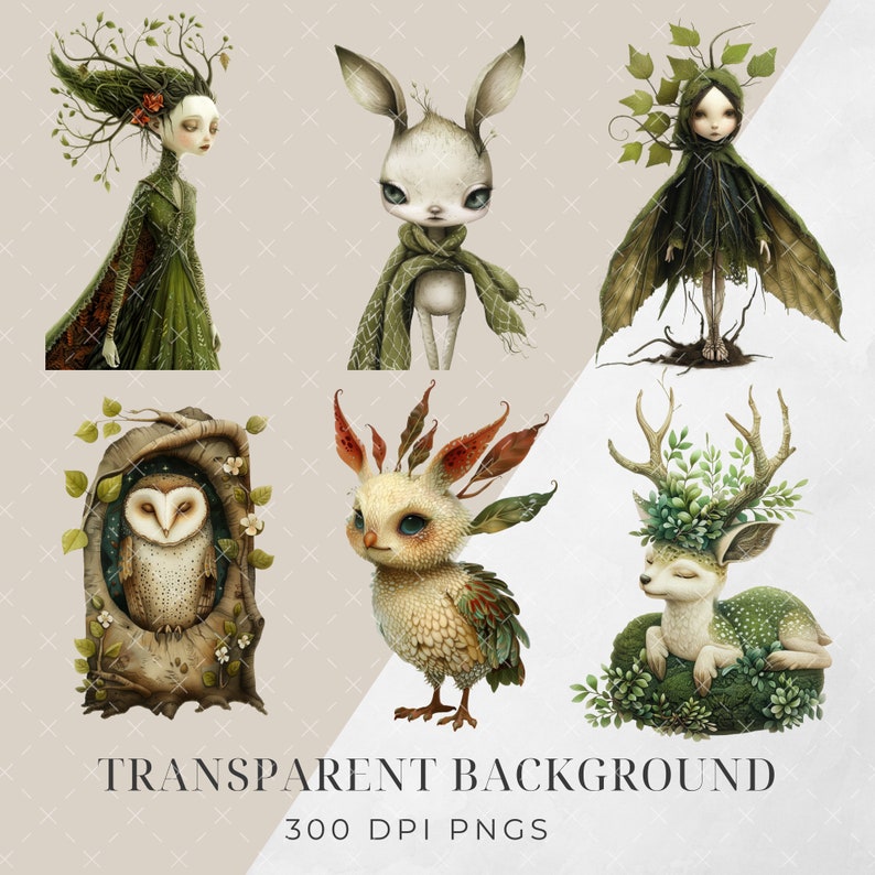 May include: A set of six digital illustrations featuring whimsical creatures with nature-inspired elements. The illustrations include a green-clad fairy, a white rabbit with a green scarf, a green-hooded figure, a white owl in a tree, a white and green creature with feathers, and a deer with a green crown.