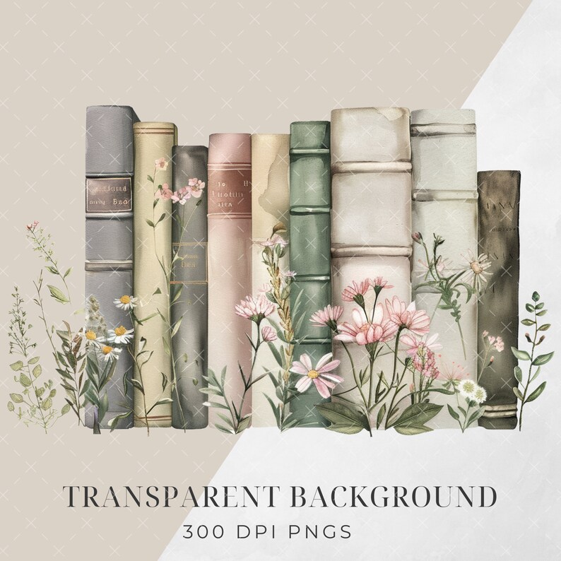 May include: A row of vintage books with spines in various shades of beige, grey, and green, adorned with delicate floral accents. The books are surrounded by watercolour illustrations of pink and white flowers, creating a charming and romantic aesthetic.