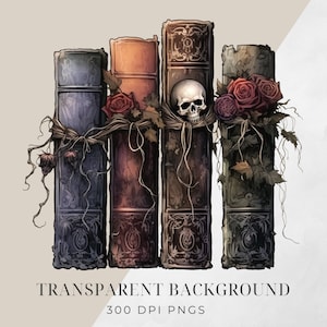 May include: Four antique books bound in dark leather with intricate designs. The books are tied together with twine and adorned with red roses and a skull.