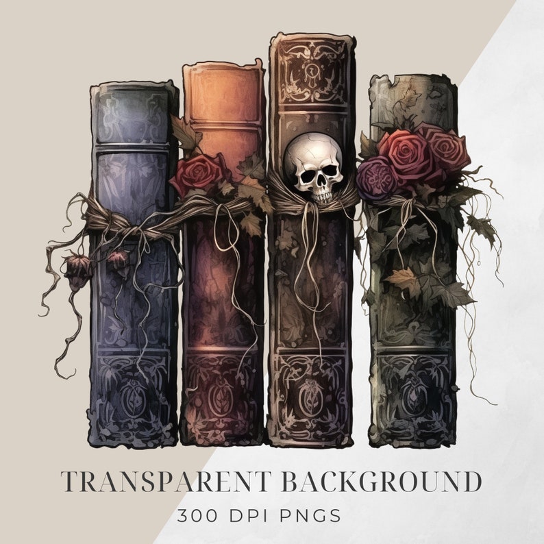 May include: Four antique books bound in dark leather with intricate designs. The books are tied together with twine and adorned with red roses and a skull.