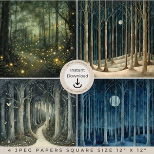 May include: Four digital paper prints of a forest scene with different lighting effects. The first image shows a forest path with glowing fireflies. The second image shows a snowy forest path with a full moon. The third image shows a forest path with a moon and falling snow. The fourth image shows a forest path with a full moon and a dark blue sky. Each image is 12 inches by 12 inches.