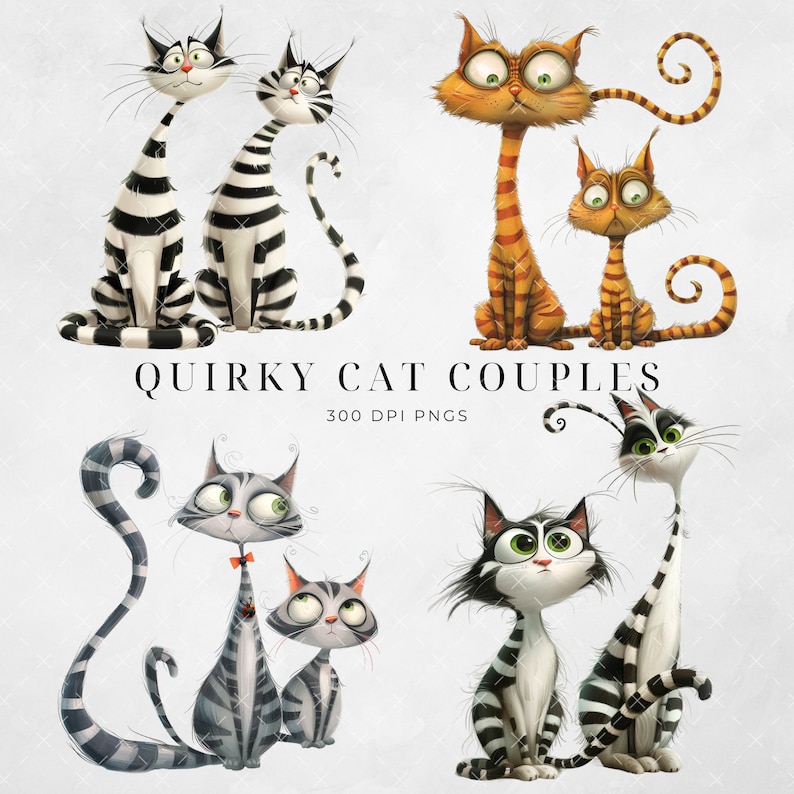 Pu&ograve; includere: Quattro coppie di gatti dei cartoni animati in varie pose. Ogni coppia ha uno schema di colori e un motivo diversi. I gatti indossano tutti delle strisce. Il testo "QUIRKY CAT COUPLES" e "300 DPI PNGS" &egrave; nella parte inferiore dell'immagine.