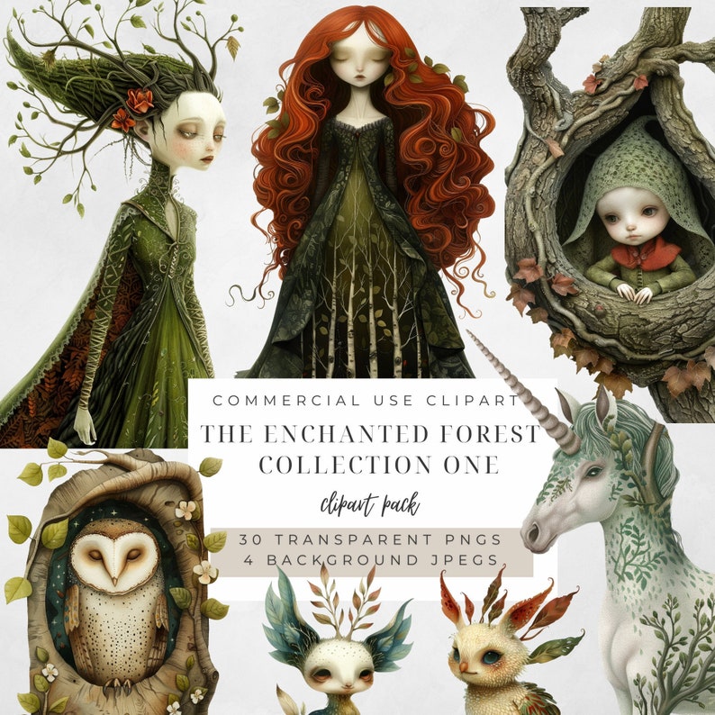May include: A digital clipart pack featuring 30 transparent PNGs and 4 background JPEGs of whimsical forest creatures, including a unicorn, owl, fairies, and other mythical beings. The text "COMMERCIAL USE CLIPART THE ENCHANTED FOREST COLLECTION ONE clipart pack 30 TRANSPARENT PNGS 4 BACKGROUND JPEGS" is displayed on the image.