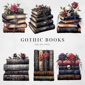 May include: Six stacks of vintage gothic books with black covers, adorned with roses, vines, and a skull. The books have gold accents and are arranged in a symmetrical pattern.