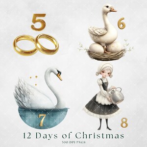 K&ouml;nnte beinhalten: Zw&ouml;lf-Tage-Weihnachts-Clipart-Set mit einem Schwan, einer Gans, einem Paar goldenen Ringen und einem M&auml;dchen in einem Dienstm&auml;dchenkleid, das einen Milcheimer h&auml;lt. Die Zahlen 5, 6, 7 und 8 sind im Bild enthalten.