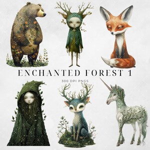 May include: A set of five digital illustrations featuring whimsical creatures from an enchanted forest. The illustrations include a bear, a fox, a deer, a unicorn, and a fairy-like creature with antlers. All of the creatures are depicted with a green, leafy, and floral design, giving them a magical and whimsical feel. The illustrations are perfect for adding a touch of fantasy to any project.