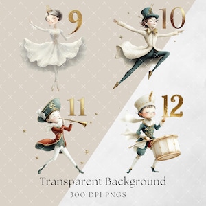K&ouml;nnte beinhalten: Vier Illustrationen von Kindern in festlicher Kleidung. Die erste Illustration ist eine Ballerina mit einem wei&szlig;en Kleid und einer goldenen Krone, die eine goldene Nummer neun h&auml;lt. Die zweite Illustration ist ein Junge mit einem gr&uuml;nen Hut und einem wei&szlig;en Mantel, der eine goldene Nummer zehn h&auml;lt. Die dritte Illustration ist ein Junge in einer rot-blauen Uniform, der eine goldene Nummer elf und eine Trompete h&auml;lt. Die vierte Illustration ist ein Junge in einer blau-wei&szlig;en Uniform, der eine goldene Nummer zw&ouml;lf und eine Trommel h&auml;lt. Der Hintergrund ist hellbraun mit einem wei&szlig;en und braunen Muster.