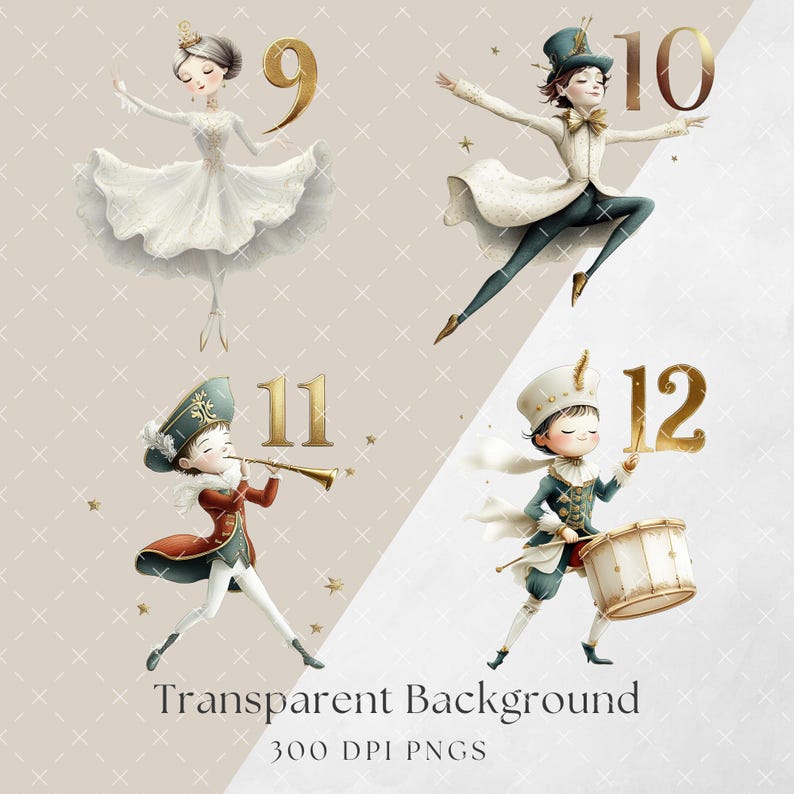 K&ouml;nnte beinhalten: Vier Illustrationen von Kindern in festlicher Kleidung. Die erste Illustration ist eine Ballerina mit einem wei&szlig;en Kleid und einer goldenen Krone, die eine goldene Nummer neun h&auml;lt. Die zweite Illustration ist ein Junge mit einem gr&uuml;nen Hut und einem wei&szlig;en Mantel, der eine goldene Nummer zehn h&auml;lt. Die dritte Illustration ist ein Junge in einer rot-blauen Uniform, der eine goldene Nummer elf und eine Trompete h&auml;lt. Die vierte Illustration ist ein Junge in einer blau-wei&szlig;en Uniform, der eine goldene Nummer zw&ouml;lf und eine Trommel h&auml;lt. Der Hintergrund ist hellbraun mit einem wei&szlig;en und braunen Muster.