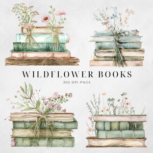 May include: Four stacks of vintage books with watercolour wildflowers on top. The books are in shades of green, brown, and pink. The flowers are in shades of pink, white, and green. The background is a light grey.