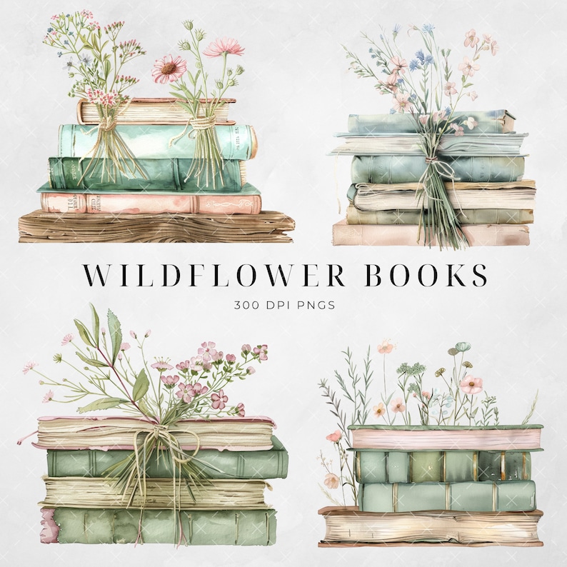May include: Four stacks of vintage books with watercolour wildflowers on top. The books are in shades of green, brown, and pink. The flowers are in shades of pink, white, and green. The background is a light grey.