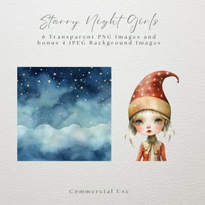 Imágenes prediseñadas de chicas de noche estrellada, PNG transparente, descarga instantánea, imágenes prediseñadas de chicas de acuarela, fondo de estrellas de acuarela JPEG, imágenes prediseñadas caprichosas
