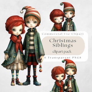 Weihnachten Geschwister Clipart, transparentes PNG, Papierpuppe, Weihnachten PNG, Sofort Download, Bruder und Schwester Clipart, Weihnachtskarte