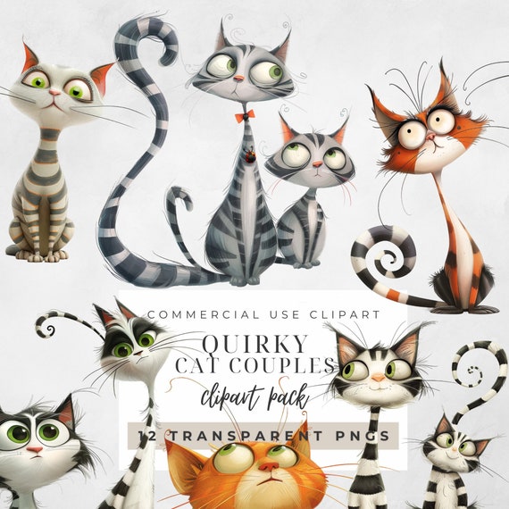 Quirky Cat Clipart, Transparent PNG, Instant Download, Funny Quirky Cat PNG Clipart Bundle, 300DPI Images, Paper Craft, Junk Journal, Funny
