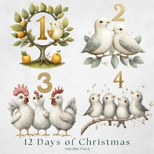 K&ouml;nnte beinhalten: Vier Illustrationen der 12 Tage von Weihnachten. Das erste Bild zeigt einen goldenen Baum mit einem Vogel und der Zahl 1. Das zweite Bild zeigt zwei wei&szlig;e Tauben auf einem Ast mit der Zahl 2. Das dritte Bild zeigt drei wei&szlig;e H&uuml;hner mit der Zahl 3. Das vierte Bild zeigt vier kleine V&ouml;gel auf einem Ast mit der Zahl 4.