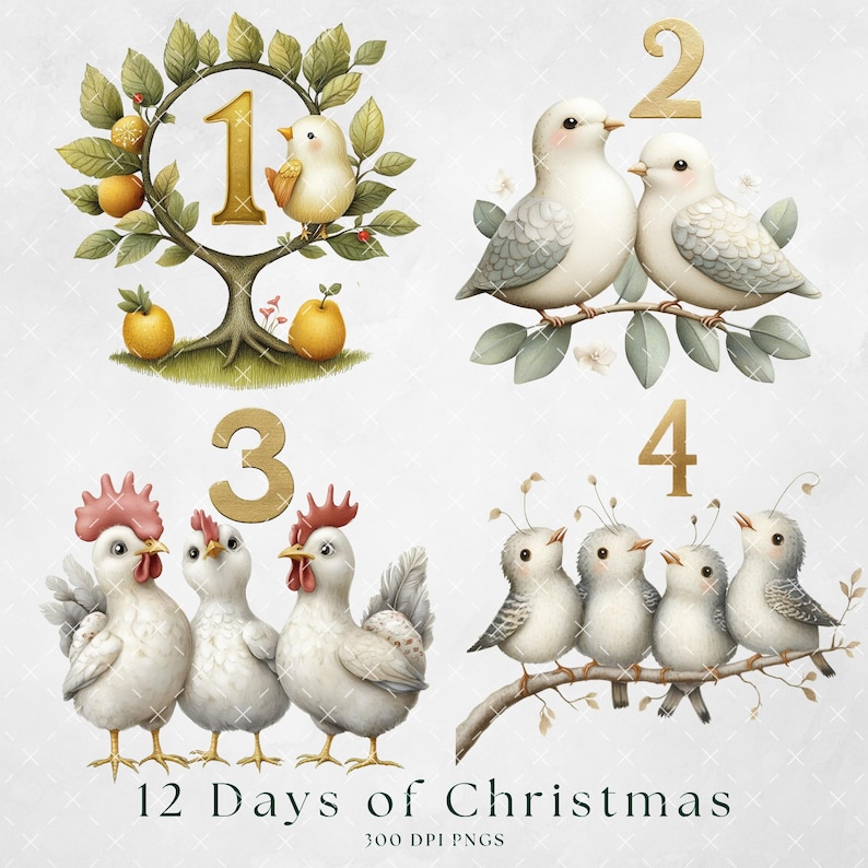 K&ouml;nnte beinhalten: Vier Illustrationen der 12 Tage von Weihnachten. Das erste Bild zeigt einen goldenen Baum mit einem Vogel und der Zahl 1. Das zweite Bild zeigt zwei wei&szlig;e Tauben auf einem Ast mit der Zahl 2. Das dritte Bild zeigt drei wei&szlig;e H&uuml;hner mit der Zahl 3. Das vierte Bild zeigt vier kleine V&ouml;gel auf einem Ast mit der Zahl 4.