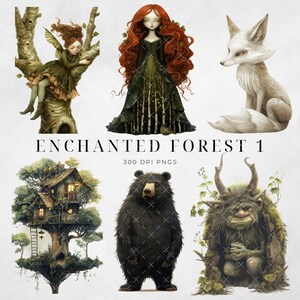 May include: A digital illustration set featuring a whimsical forest scene with a red-haired fairy, a green-dressed woman, a white fox, a treehouse, a black bear, and a green troll. The set is labeled "Enchanted Forest 1, 300 DPI PNGs".