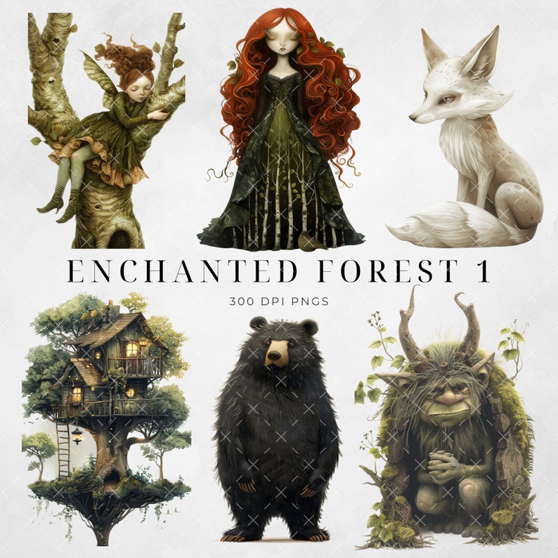 May include: A digital illustration set featuring a whimsical forest scene with a red-haired fairy, a green-dressed woman, a white fox, a treehouse, a black bear, and a green troll. The set is labeled "Enchanted Forest 1, 300 DPI PNGs".