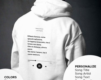 Sudadera con capucha unisex de canción personalizada, título de canción de estilo de reproductor de música personalizado, artista, letra, hora