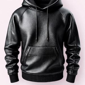 Op de afbeelding: Zwarte leren hoodie met een capuchon met trekkoord en een kangoeroezak. De hoodie heeft geribbelde manchetten en zoom. Het materiaal heeft een textuur. Een casual bovenkledingstuk.