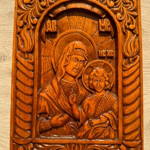 Carved wooden icon, Virgin Mary and Jesus/Orthodox icon, handmade