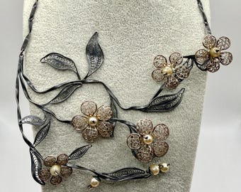 Collier URSS soviétique 950 en filigrane de fleurs en filigrane d'argent, poinçon d'oreille de blé
